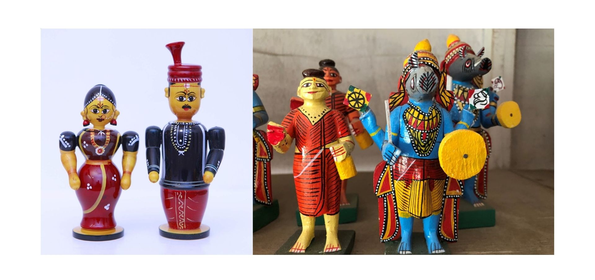 Kondapalli wooden toys from Andhra Pradesh featuring colourful hand-carved traditional figures