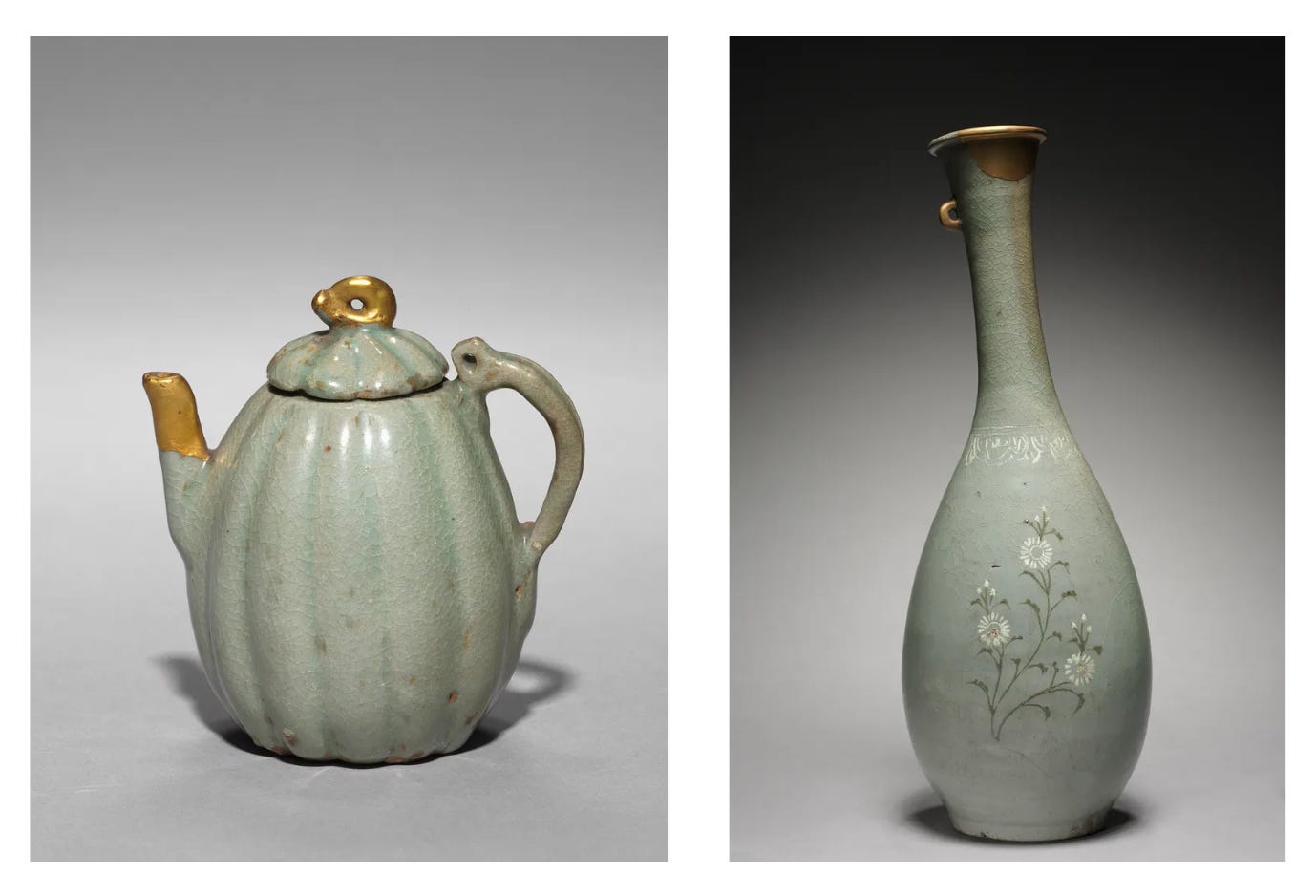 A two-panel collage showing historical jade-green Korean celadon vessels mended with Japanese gold kintsugi lacquer: a lobed melon-shaped wine ewer on the left and a slender inlaid chrysanthemum bottle on the right
