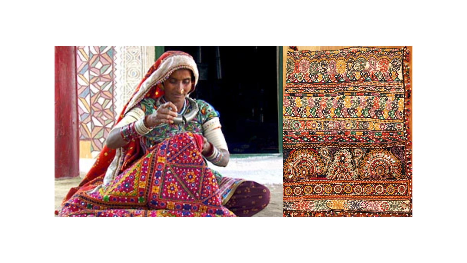Kutch embroidery from Gujarat featuring a woman creating intricate hand-embroidered textiles with colourful patterns.