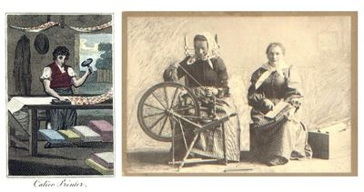 A two-panel image collage depicting early European attempts to replicate Indian textile methods: the left panel shows an 18th-century color engraving labeled "Calico Printer" depicting a man applying a wooden block with a mallet to stamp floral patterns on fabric; the right panel shows an archival monochrome photograph of two European women in traditional headscarves and long dresses spinning thread using a manual wooden spinning wheel.