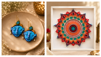 A two-panel artist collage celebrating intricate handcrafted details: the left panel shows a pair of hand-painted blue Krishna motif clay earrings resting on a ceramic dish by Bengaluru-based artist Malathy; the right panel shows a framed, brightly colored paper quilling mandala in vibrant shades of pink, orange, turquoise, and teal by Bengaluru-based artist Mrudula.