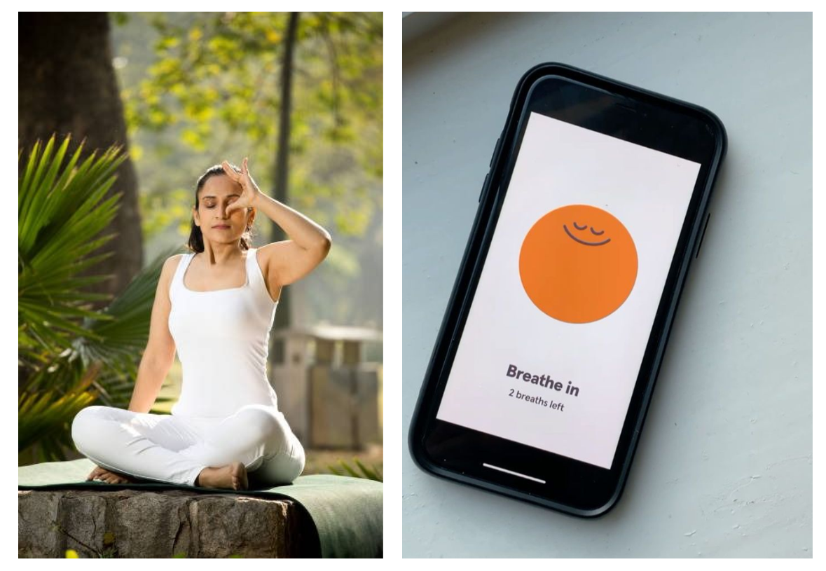 A two-panel image representing mindfulness and breathwork practices. The left panel shows a woman in white activewear seated outdoors in a peaceful yoga pose, practicing alternate nostril breathing (Nadi Shodhana Pranayama). The right panel shows a close-up of a smartphone screen displaying a guided meditation app interface with an orange smiling icon and the prompt "Breathe in."