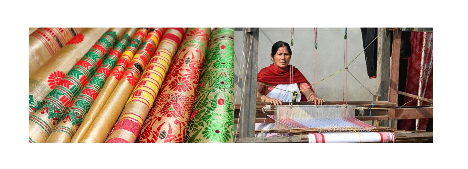 Muga silk weaving in Assam featuring colourful traditional silk fabrics and an artisan at a handloom