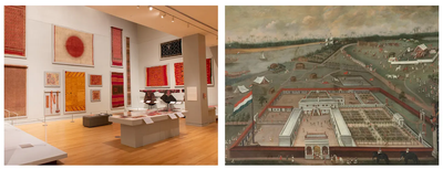 A side-by-side composite image featuring a modern museum gallery filled with vibrant Indian handloom textiles on the left, and a historical 17th-century painting depicting a European East India Company trading post along a river in India on the right.