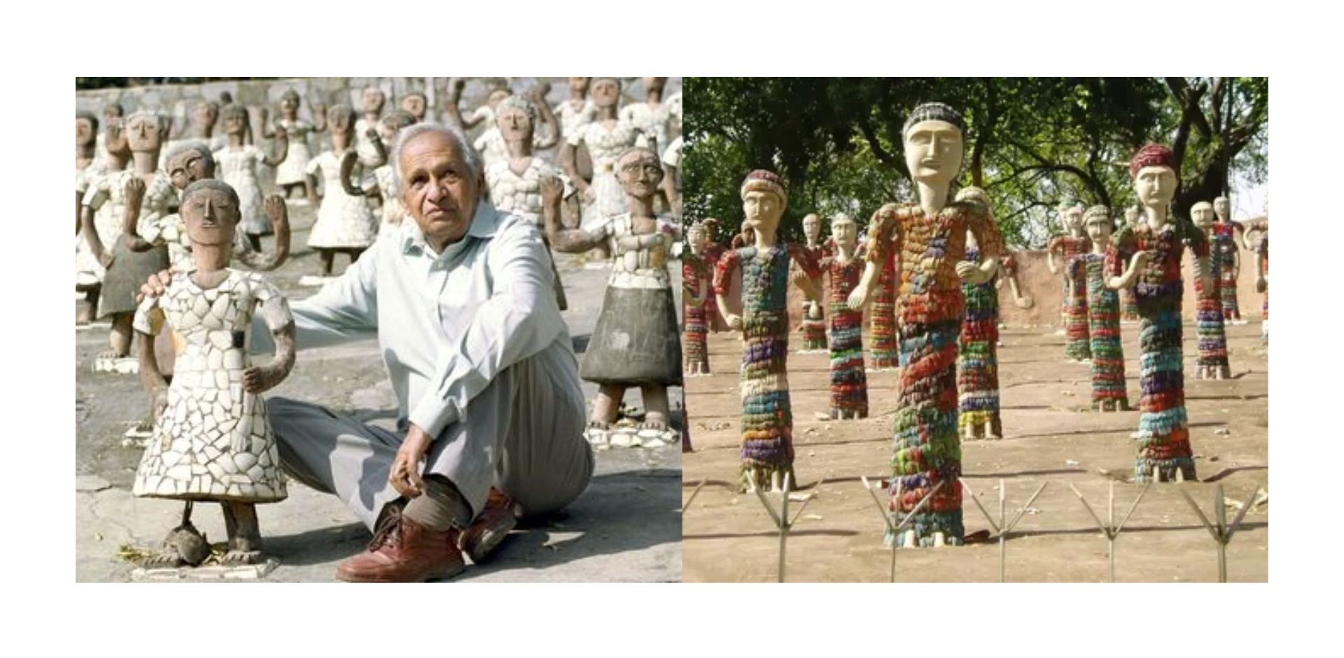 Two photographs of Nek Chand: one showing him seated among his sculptures, and another showing rows of colorful human figures at Chandigarh’s Rock Garden.