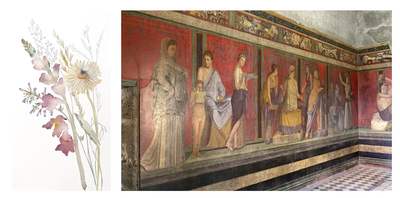 A two-panel image collage featuring a delicate watercolor painting of wild floral stems on the left, paired on the right with an expansive architectural view of the ancient Roman frescoes inside the Villa of the Mysteries in Pompeii.