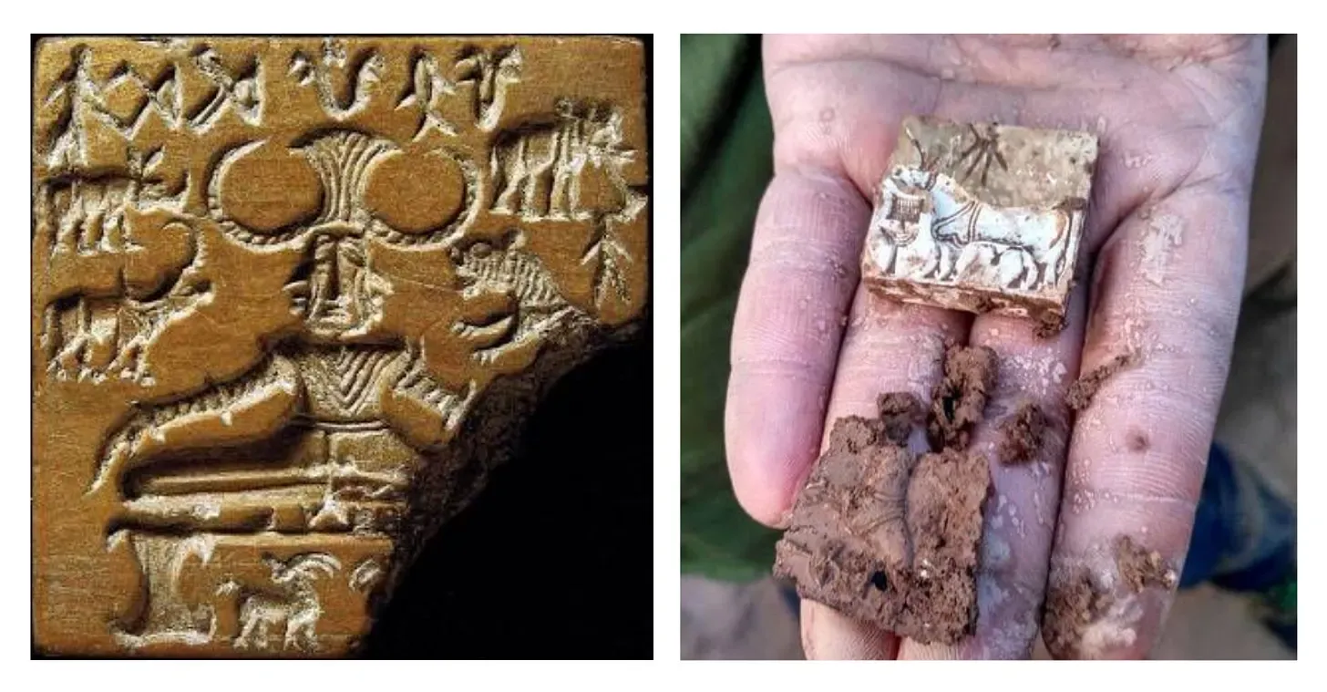 A two-panel image collage showing carved stone seals from the Indus Valley Civilization: the left panel shows a close-up of the famous "Pashupati" steatite seal depicting a seated, horned figure surrounded by wild animals and script; the right panel shows an archeologist holding a newly excavated square unicorn seal and a clay impression in the palm of their hand
