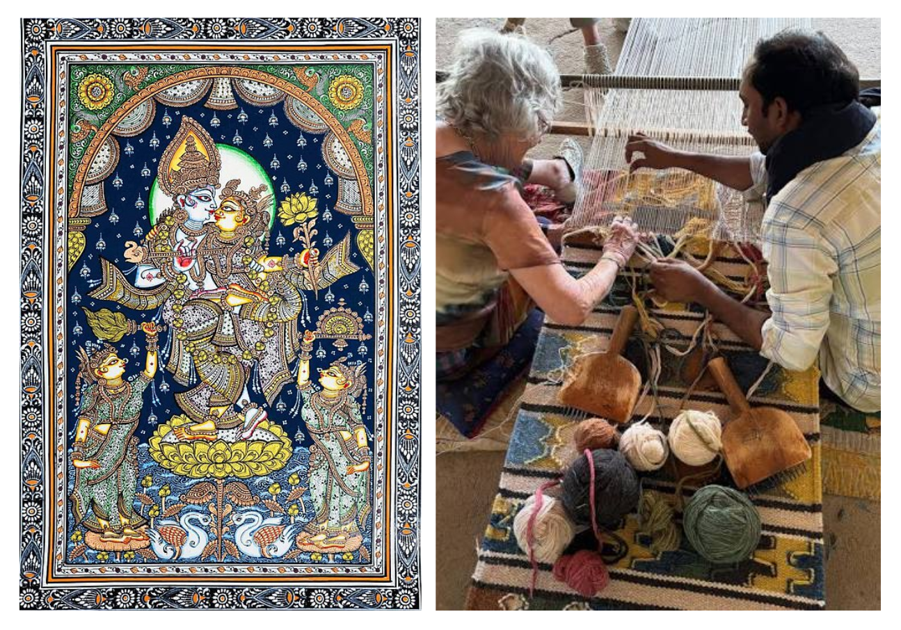 A two-panel image showing an intricate traditional Pattachitra painting of Radha and Krishna on a deep blue background on the left, paired on the right with a weaver demonstrating Kharad handloom carpet weaving with woolen yarn and beating tools.