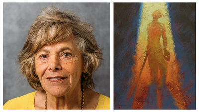 A two-panel image juxtaposing psychology and expressive art. The left panel shows a portrait of Harvard psychologist Dr. Ellen Langer wearing a yellow top. The right panel shows an atmospheric painting depicting a glowing figure standing in a beam of light holding a mask and sword, illustrating creative mindfulness.