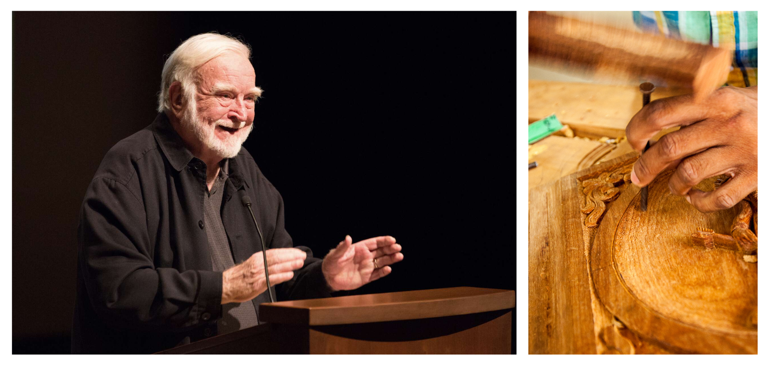 A two-panel image representing the concept of creative flow. The left panel shows Hungarian-American psychologist Mihaly Csikszentmihalyi speaking passionately at a podium with gesturing hands. The right panel shows a close-up of a woodcarver’s hands using a wooden mallet and chisel to intricately carve details into a wooden plaque.