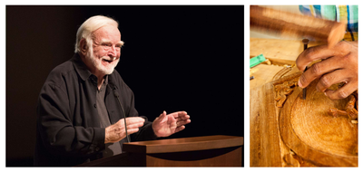 A two-panel image representing the concept of creative flow. The left panel shows Hungarian-American psychologist Mihaly Csikszentmihalyi speaking passionately at a podium with gesturing hands. The right panel shows a close-up of a woodcarver’s hands using a wooden mallet and chisel to intricately carve details into a wooden plaque.