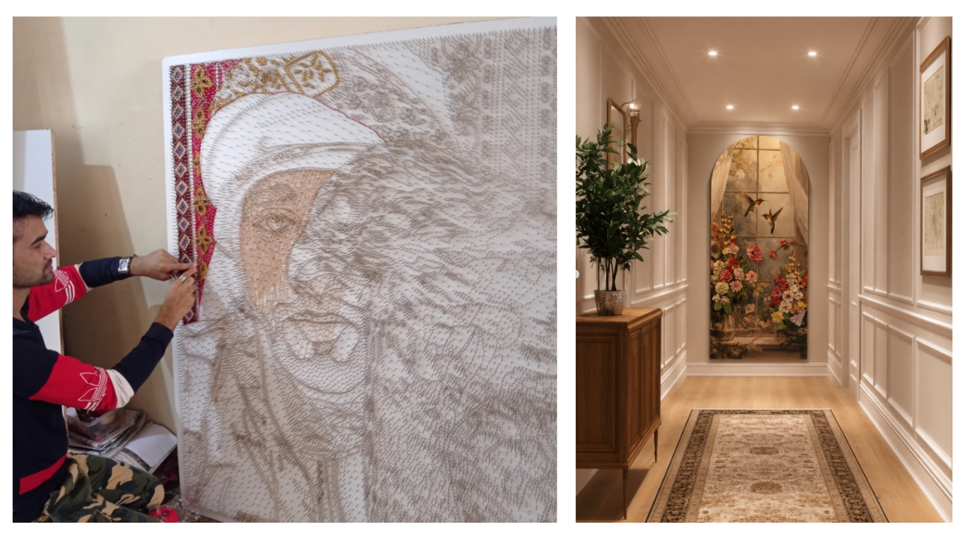 A two-panel artist collage displaying tactile and spatial artwork: the left panel shows Pune-based artist Rahul in his studio intricately placing details onto a large-scale string and nail portrait artwork in progress; the right panel shows an elegant interior hallway featuring an arched, floral mural wall painting of vibrant flowers and hummingbirds framed at the end of the corridor by Nagpur-based artist Marina.