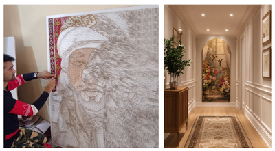 A two-panel artist collage displaying tactile and spatial artwork: the left panel shows Pune-based artist Rahul in his studio intricately placing details onto a large-scale string and nail portrait artwork in progress; the right panel shows an elegant interior hallway featuring an arched, floral mural wall painting of vibrant flowers and hummingbirds framed at the end of the corridor by Nagpur-based artist Marina.
