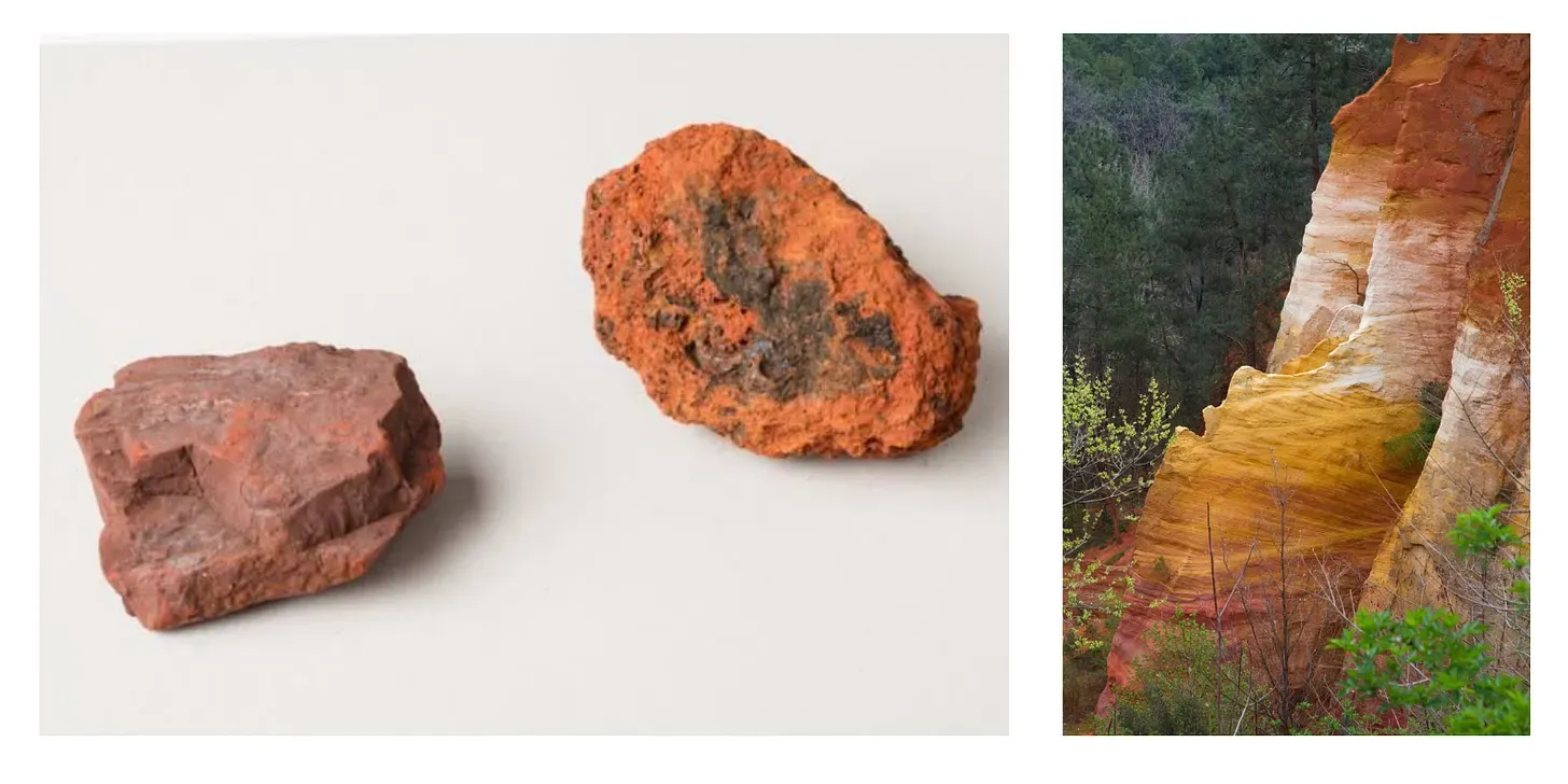 A two-panel image collage showing iron oxide pigments and natural sources: the left panel displays raw, textured lumps of red and orange ochre minerals against a neutral studio background, while the right panel shows a natural cliffside featuring vibrant yellow and deep red ochre rock strata surrounded by forest trees.