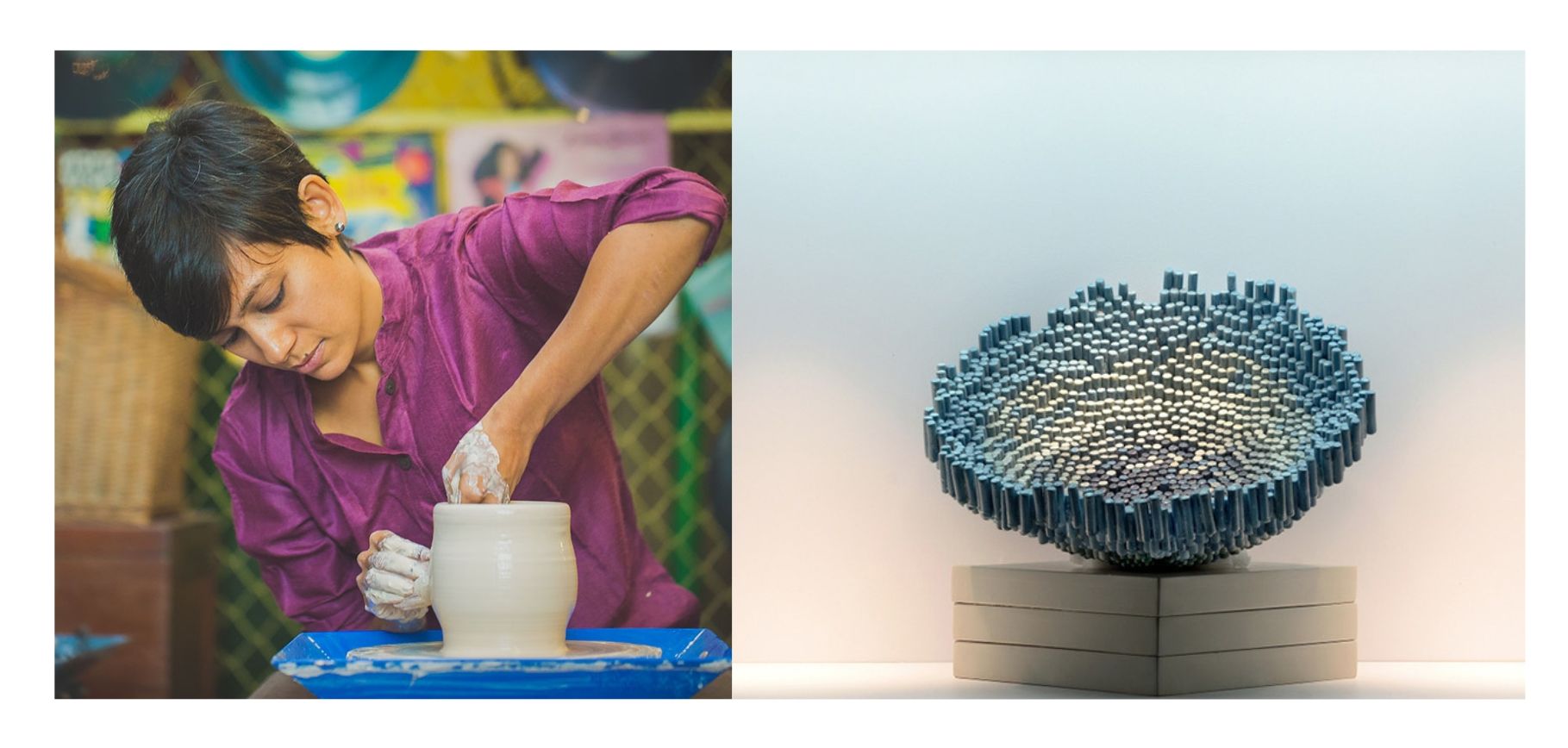 Indian ceramic artist Rekha Goyal creating a handmade ceramic artwork in her studio