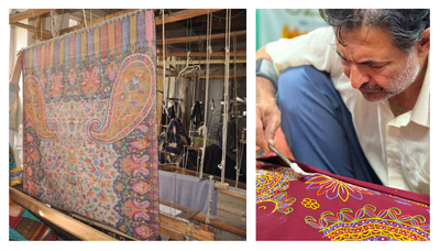 A two-panel image showing traditional Indian textile craft techniques. The left panel shows a colorful Kani weave Pashmina shawl mounted on a traditional handloom. The right panel shows a male artisan in Gujarat focused intently on applying thick white castor-oil paint onto maroon fabric using a metal stylus in the tradition of Rogan Art.