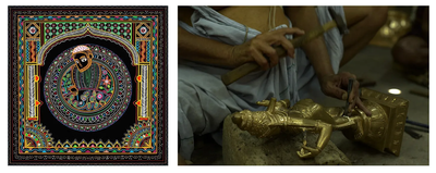 A two-panel image showcasing artisan mastery in India. On the left, an intricate Rogan artwork illustration depicting an artisan painting fabric within a decorative, colorful frame on a black background. On the right, a close-up photograph of a Swamimalai bronze caster using a small hammer and chisel to carve fine details onto a cast brass statue.