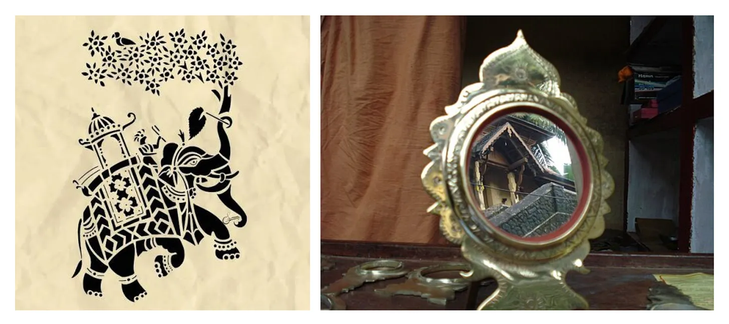 A two-panel image showing an intricate black paper-cut Sanjhi artwork of a decorated royal elephant under a flowering tree canopy on the left, alongside a polished brass Aranmula Kannadi metal mirror reflecting a traditional Kerala building on the right.