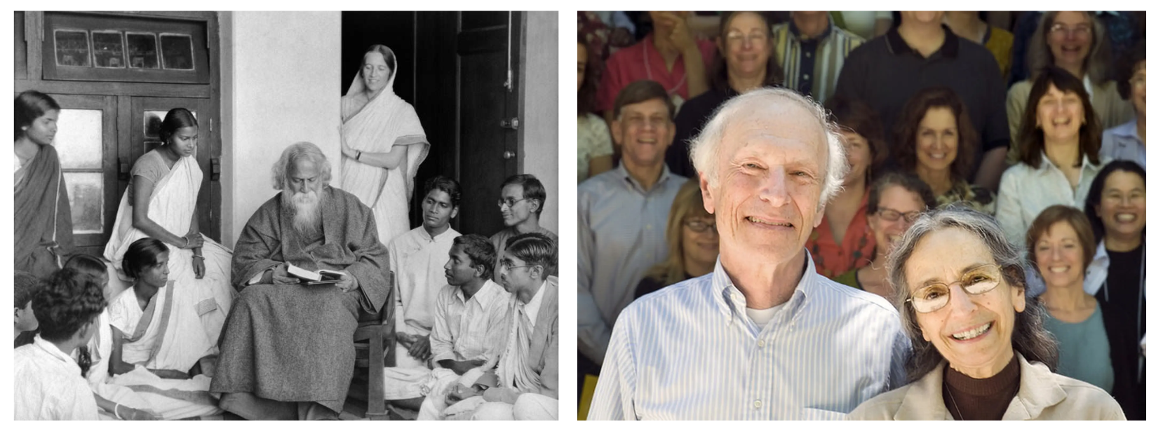 A two-panel image linking educational and environmental psychology. The left panel shows a vintage black-and-white photograph of Rabindranath Tagore sitting with an open book, surrounded by students outdoors at Visva-Bharati in Santiniketan. The right panel features a modern color photograph of University of Michigan environmental psychologists Stephen and Rachel Kaplan smiling in the foreground with a group of colleagues gathered behind them.