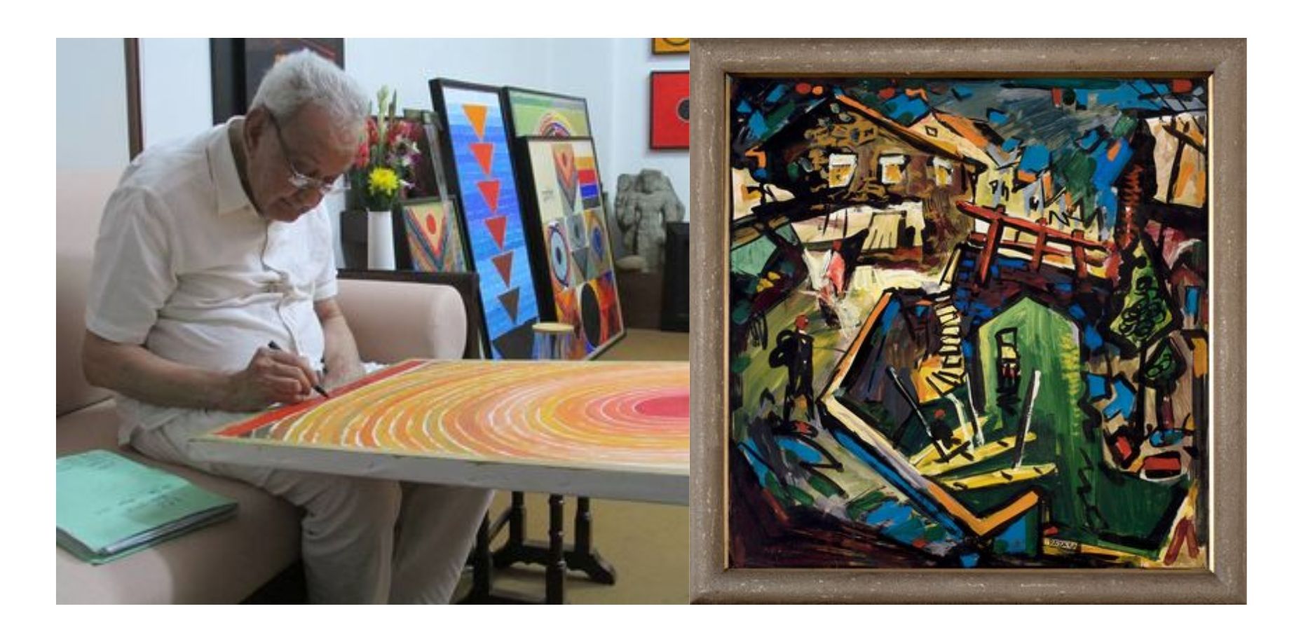 Two images of S. H. Raza: one showing him working in his studio on a colorful painting, alongside an abstract artwork featuring bold geometric forms and vivid colors.