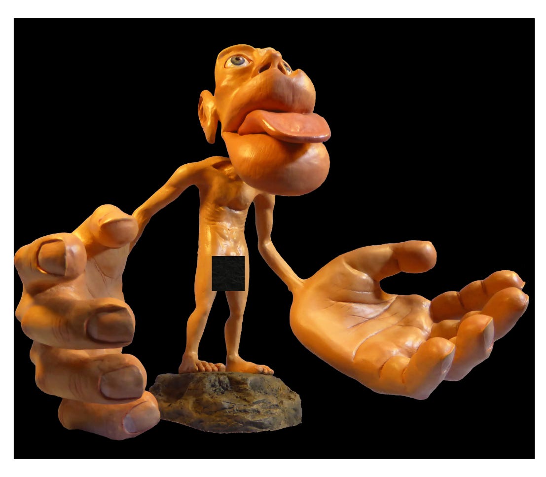 A 3D model of a sensory homunculus figure with a tiny torso and legs, but extraordinarily oversized hands, lips, and tongue, demonstrating sensory nerve mapping in the human brain.