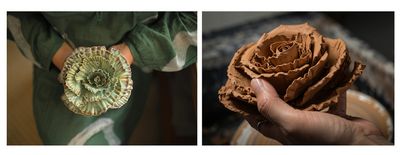 A side-by-side ceramic art collage by Bangalore artist Sheetal: the left image shows a hand holding an unfired, raw terracotta clay rose in progress; the right image shows hands holding a finished, glazed green-and-burgundy ceramic flower sculpture.