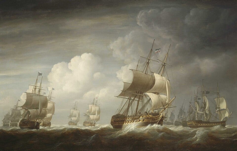 A historical oil painting of large European merchant ships sailing across a turbulent ocean under an overcast sky, symbolizing the long maritime voyages undertaken during the early era of global trade and colonial expansion.