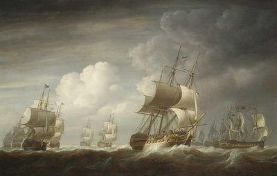 A historical oil painting of large European merchant ships sailing across a turbulent ocean under an overcast sky, symbolizing the long maritime voyages undertaken during the early era of global trade and colonial expansion.