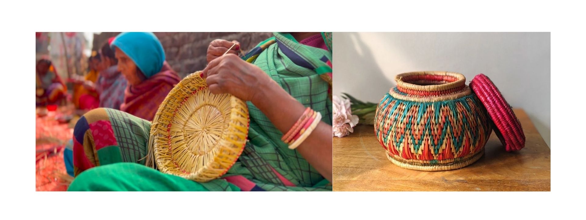 Sikki grass weaving in Bihar, showing an artisan hand-weaving golden grass into an intricate traditional basket.