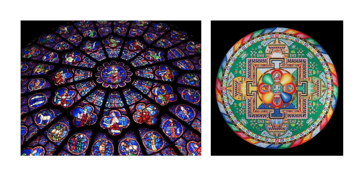 A two-panel image collage displaying sacred circular geometry across global spiritual traditions: the left panel shows the radiant North Rose Window stained glass of Notre-Dame Cathedral in vibrant blues and reds, while the right panel shows an intricate Tibetan Buddhist sand mandala with concentric circles, geometric gates, and colorful inner lotus motifs against a dark background.