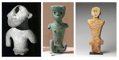 A three-panel collage displaying ancient carved human figures: a black-and-white stone Valdivia figurine from Ecuador on the left, a green Predynastic Egyptian clay statuette in the middle, and a tall, bone-carved Egyptian idol on the right.