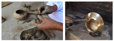 A two-panel image showing traditional Indian craft making processes. The left panel shows a Molela terracotta artisan in Rajasthan using clay-stained hands to hand-mold a clay plaque of Lord Ganesha. The right panel shows a Thathera metal craftsman in Jandiala Guru using long iron tongs to hold a hand-hammered brass vessel over a coal furnace.