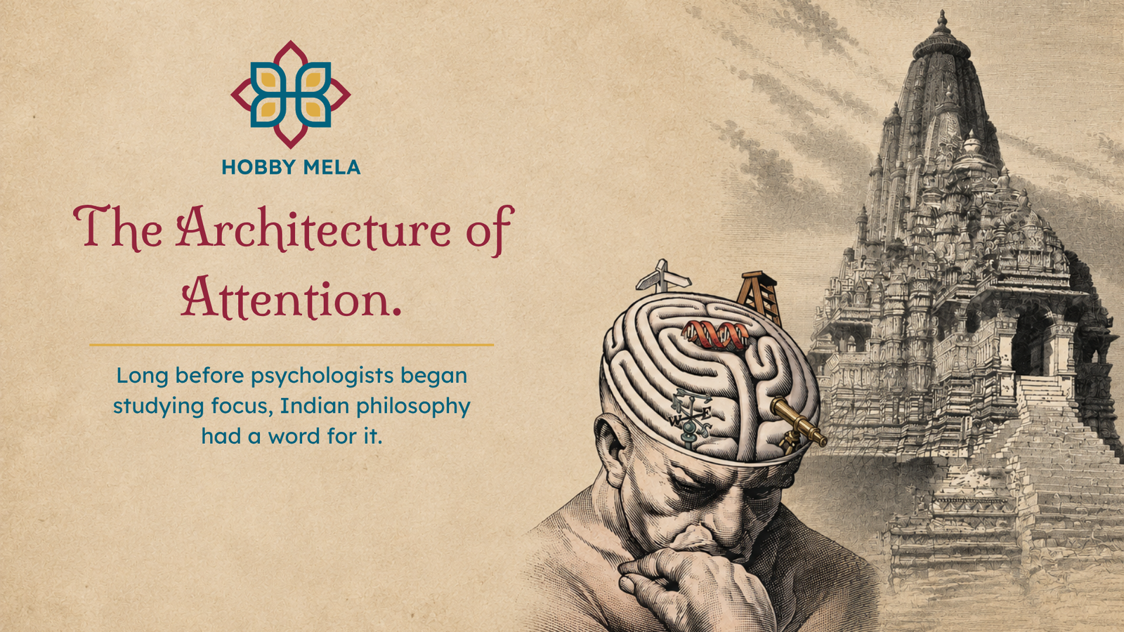 Blog cover banner for HobbyMela titled "The Architecture of Attention." set against a textured parchment background. On the left sits the HobbyMela logo alongside the subtitle: "Long before psychologists began studying focus, Indian philosophy had a word for it." On the right, vintage-style architectural illustrations depict a thoughtful human figure with a brain-shaped maze containing miniature tools (a compass, telescope, and ladder) paired next to a sprawling, intricate ancient Indian temple spire.