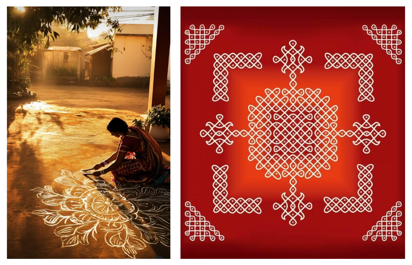 A two-panel image depicting traditional Indian floor art. The left panel shows a woman in a saree kneeling at dawn to draw an intricate floral Rangoli on a sunlit courtyard floor. The right panel displays a geometric, symmetrical white Kolam or Muggulu dot pattern set against a rich red background.