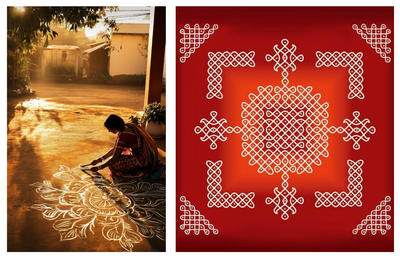 A two-panel image depicting traditional Indian floor art. The left panel shows a woman in a saree kneeling at dawn to draw an intricate floral Rangoli on a sunlit courtyard floor. The right panel displays a geometric, symmetrical white Kolam or Muggulu dot pattern set against a rich red background.