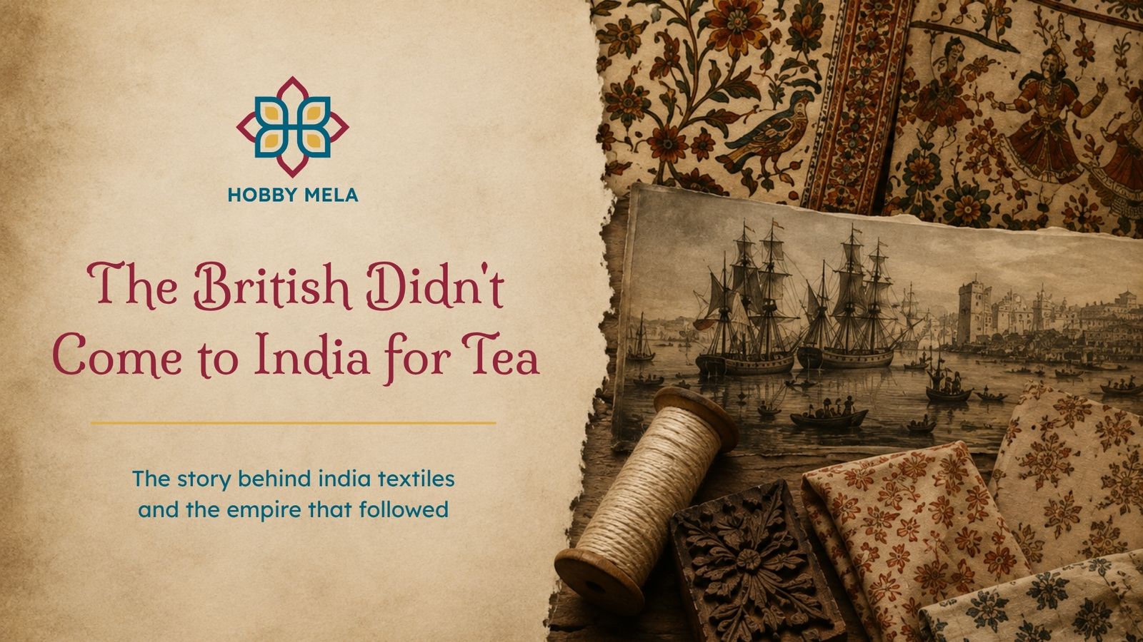 A vintage editorial-style cover featuring an antique world map, an East India Company sailing ship, and Indian textile patterns on aged parchment. Bold serif typography reads, "The British Didn't Come for Tea. They Came for Textiles.", introducing the forgotten story of India's global textile trade.