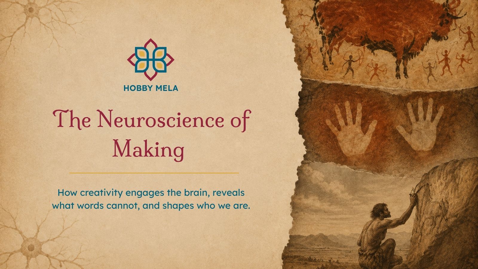 An editorial-style cover image featuring the title "Before India, There Were Makers" in elegant serif typography on a warm parchment background. Beside the title, clay-covered hands shape a vessel on a pottery wheel, illuminated by soft natural light, symbolizing the timeless tradition of making that predates civilization and connects ancient craft with modern artisanship.