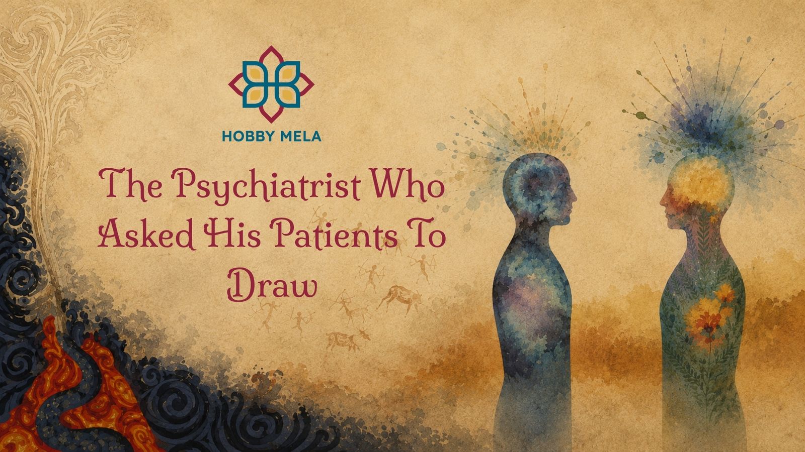 A blog header featuring the title "The Psychiatrist Who Asked His Patients to Draw" with the subtitle "Why images often reveal what words cannot." The background incorporates textured parchment filled with primitive cave art figures, decorative patterns on the left margin, and watercolor profile silhouettes of two human figures facing each other on the right, bursting with vibrant colors and nature motifs from their minds.