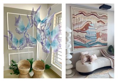 A two-panel artist collage highlighting thread and textile art: the left panel shows a light-filled room featuring large, ethereal purple-and-blue fabric butterfly sculptures on tall stems above two wicker chairs by Bengaluru-based artist Vibha; the right panel displays a large, woven textile wall hanging depicting wavy landscape layers in soft earthy and teal tones hung above a cream sofa by Mumbai-based artist Megha Patni.