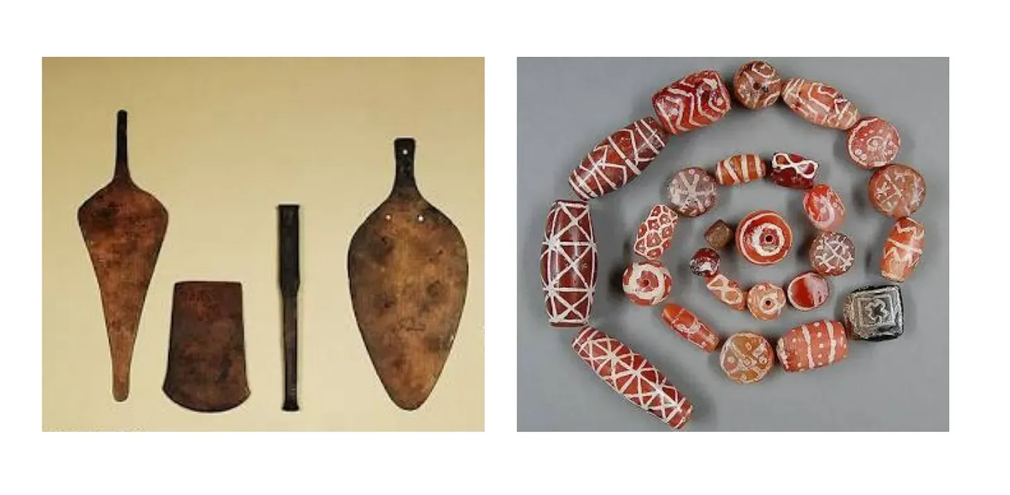 A two-panel image collage displaying ancient handcrafted artifacts: the left panel shows four carved wooden implements including spatulas, an axe head form, and shaping tools; the right panel shows an arrangement of etched carnelian beads lined up in a spiral, featuring white geometric lines and crosshatch patterns against red stone.