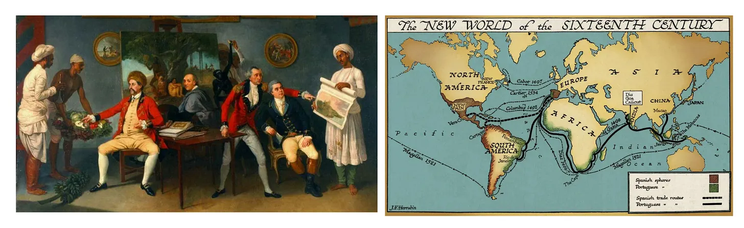 A two-panel image collage depicting colonial expansion and trade networks: the top panel shows an 18th-century painting of British East India Company officials seated indoors interactively negotiating with Indian attendants and scribes; the bottom panel shows a vintage historical map titled "The NEW WORLD of the SIXTEENTH CENTURY" by J.F. Horrabin, charting global maritime trade routes around Africa, the Americas, and into the ports of India like Calicut, Goa, and Diu.