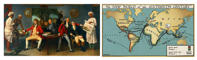 A two-panel image collage depicting colonial expansion and trade networks: the top panel shows an 18th-century painting of British East India Company officials seated indoors interactively negotiating with Indian attendants and scribes; the bottom panel shows a vintage historical map titled "The NEW WORLD of the SIXTEENTH CENTURY" by J.F. Horrabin, charting global maritime trade routes around Africa, the Americas, and into the ports of India like Calicut, Goa, and Diu.