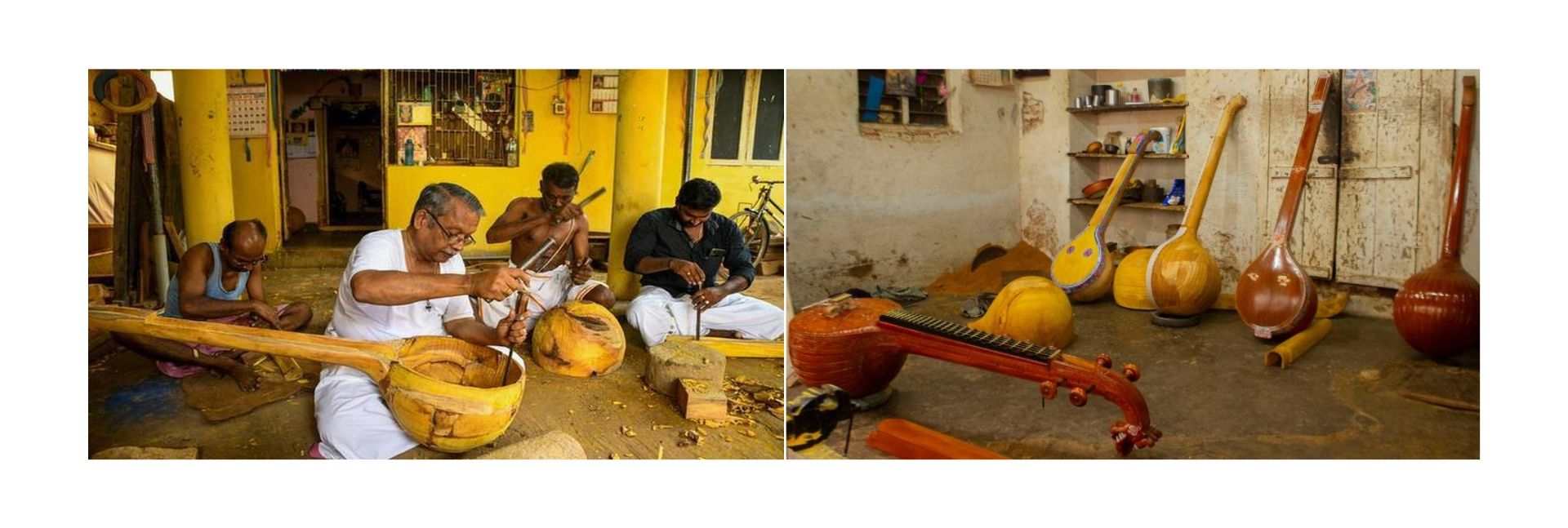 Traditional veena makers crafting and shaping a handcrafted veena in Tamil Nadu