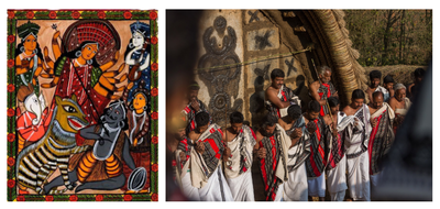 A two-panel image showing a vibrant Bengal Patachitra painting of Goddess Durga by a West Bengal artist on the left, paired on the right with men of the Toda tribe wearing traditional black and red embroidered shawls outside a curved Toda hut in the Nilgiri Hills.