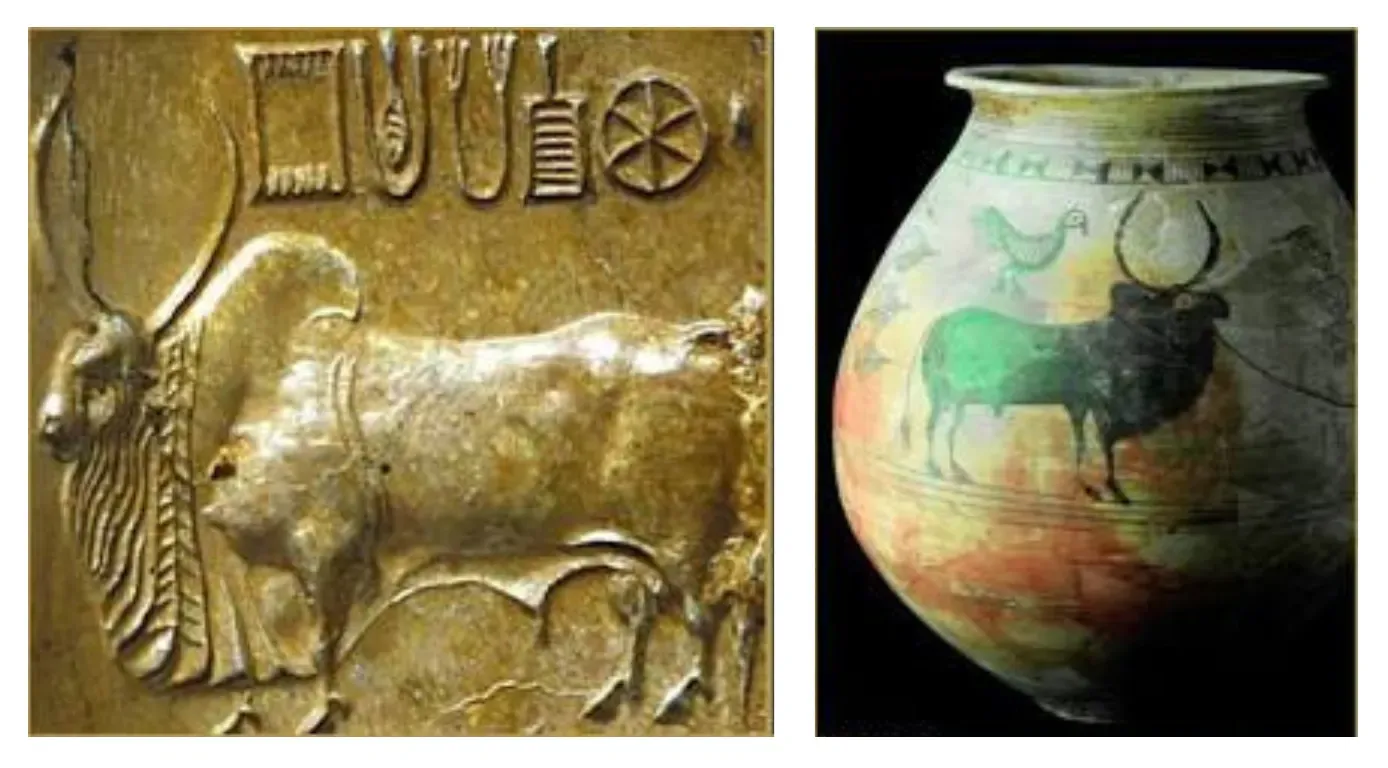 A two-panel image collage displaying ancient artifacts from the Indus Valley Civilization: the left panel shows a close-up relief of a steatite seal featuring a humped zebu bull and Indus script characters, while the right panel shows an ancient painted ceramic storage vessel decorated with a horned animal motif.