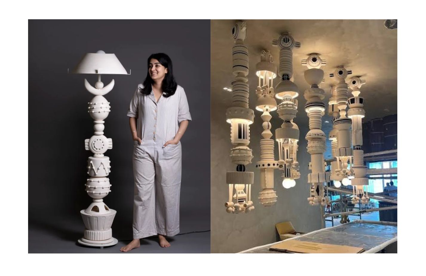 Indian ceramic artist Harshita Jhamtani standing beside her sculptural ceramic chandeliers
