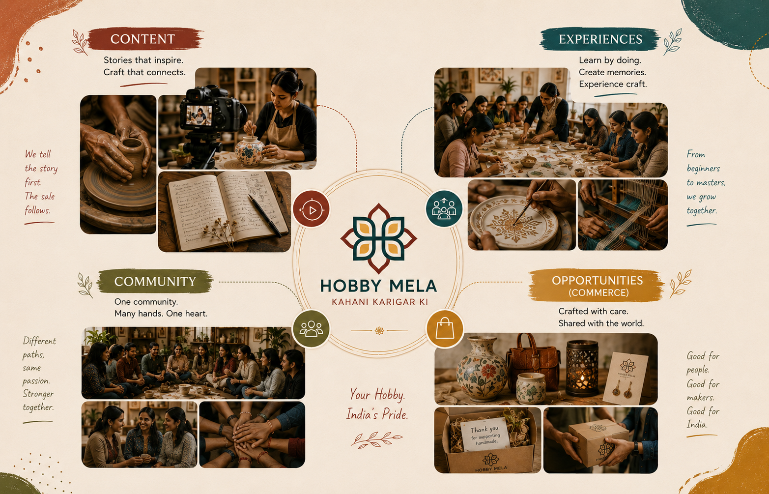 HobbyMela creative ecosystem showing Content, Learning, Commerce, and Community through artists, workshops, handmade products, corporate gifting, and creative collaboration.