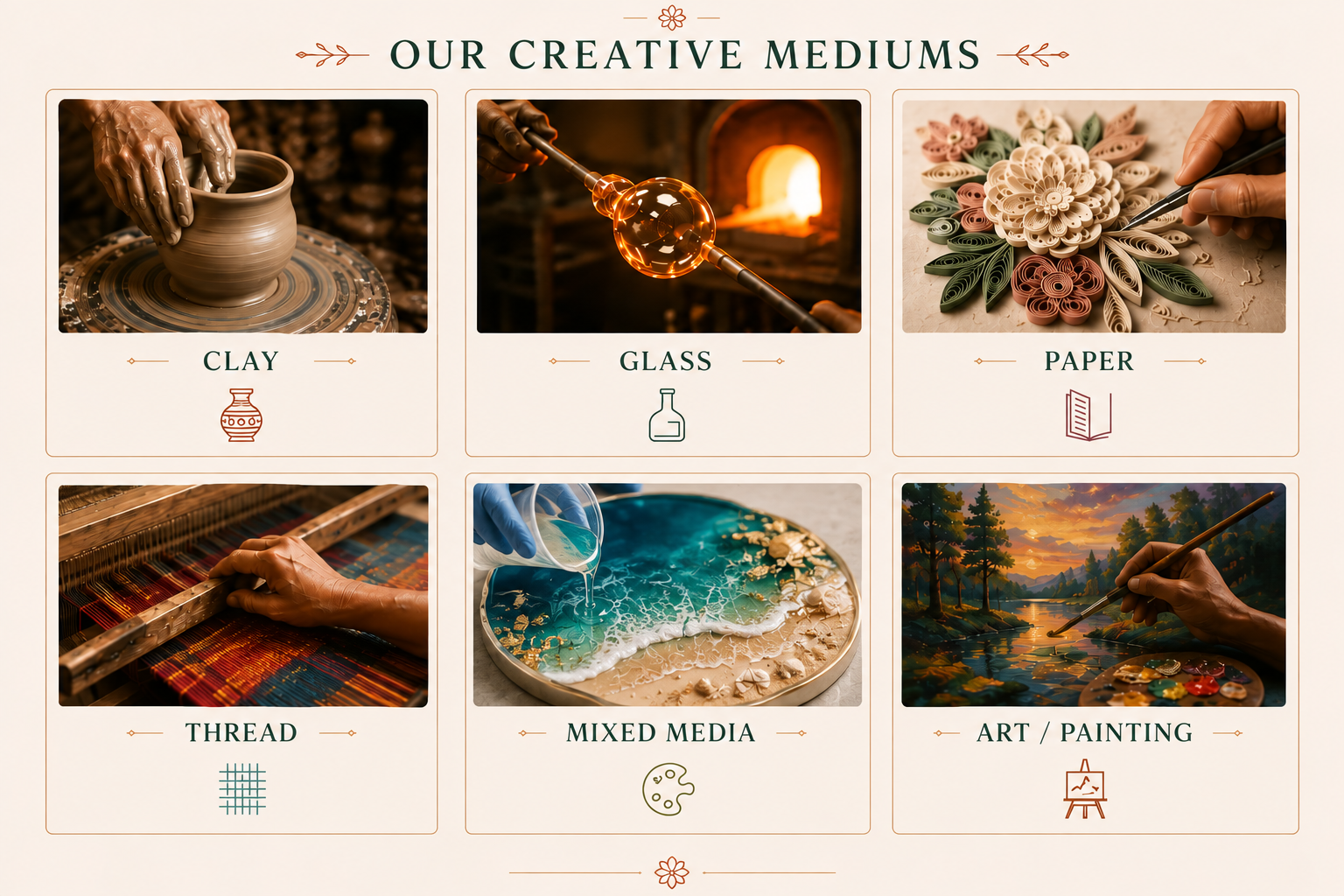 Collage of Indian handmade crafts including glasswork, ceramics, paper art, textiles, painting, and other traditional crafts, celebrating India’s creative heritage