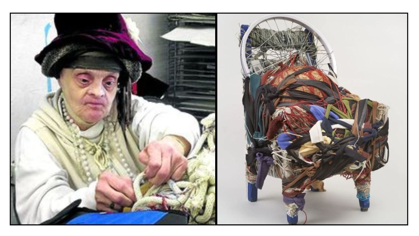 Judith Scott pictured working with yarn and fiber materials, alongside one of her intricate wrapped-fiber sculptures.