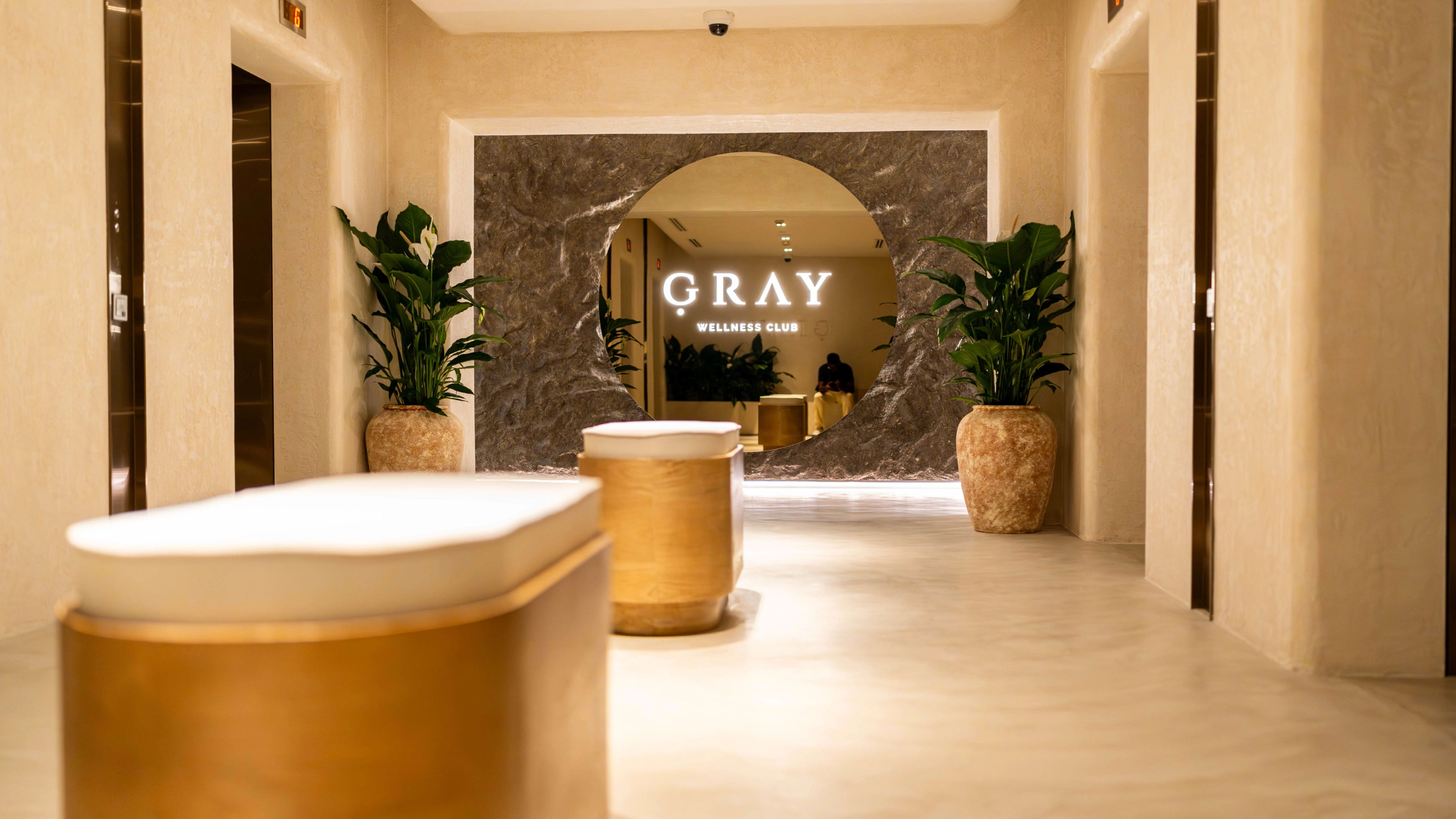 Warmly lit stone reception and circular opening at Grey Wellness